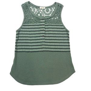 Miss Me Green Tank Top Lace Stripes Medium